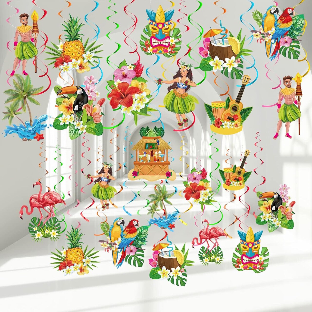 30 Pieces Hawaiian Luau Birthday Party Hanging Swirl Decorations, Flower Tropical Palm Flamingo Sign Foil Ceiling Decor